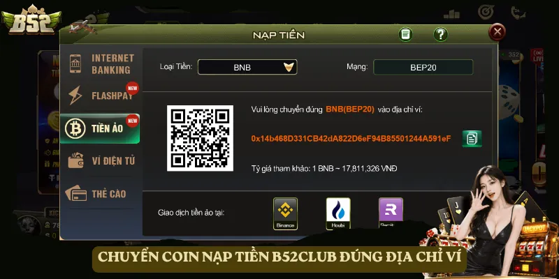 Chuyển coin nạp tiền B52club đúng địa chỉ ví